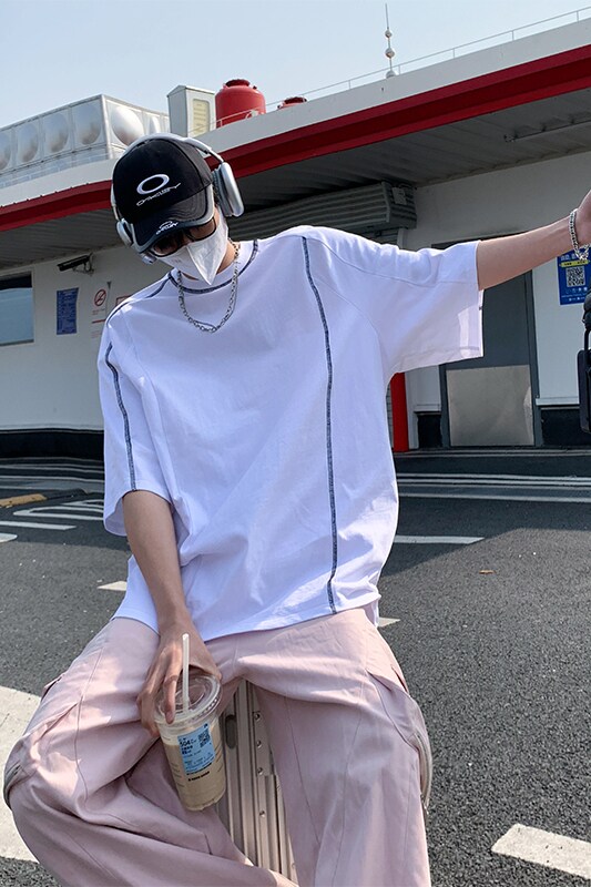 美式复古高级感短袖T恤男女宽松明线设计半袖T3608-P25【特价】,男装T恤,电商A007