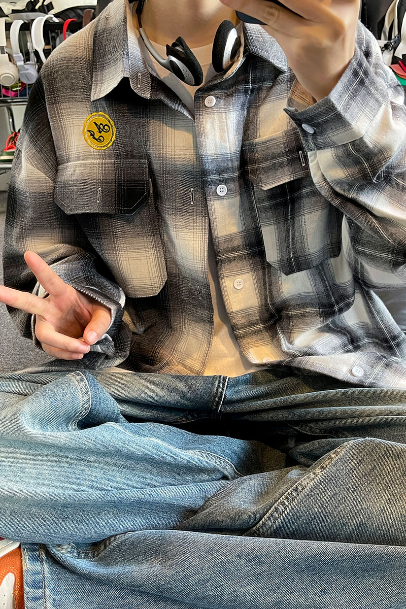 25春季拼色刺绣设计感衬衫男痞帅长袖格子上衣C2215-P47【特价】,男装衬衫,电商A007