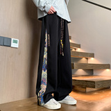 新中式国风小熊阔腿裤男春季oversize美式潮牌情侣腰果花直筒裤子，男装休闲裤，电商A007