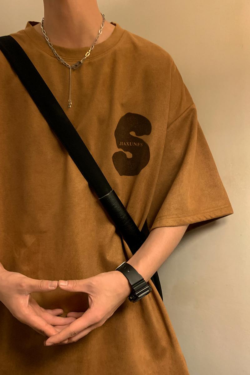 2023大码休闲美式潮流麂皮绒植绒印花短袖T恤T3365特价P27控39s,男装T恤,电商A007