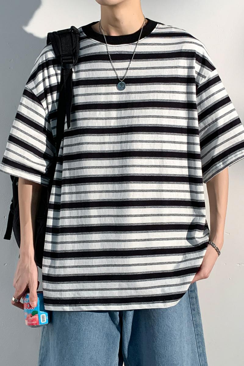 2023夏季潮流休闲圆领复古大码条纹短袖T恤T3393-P38-z,男装T恤,电商A007