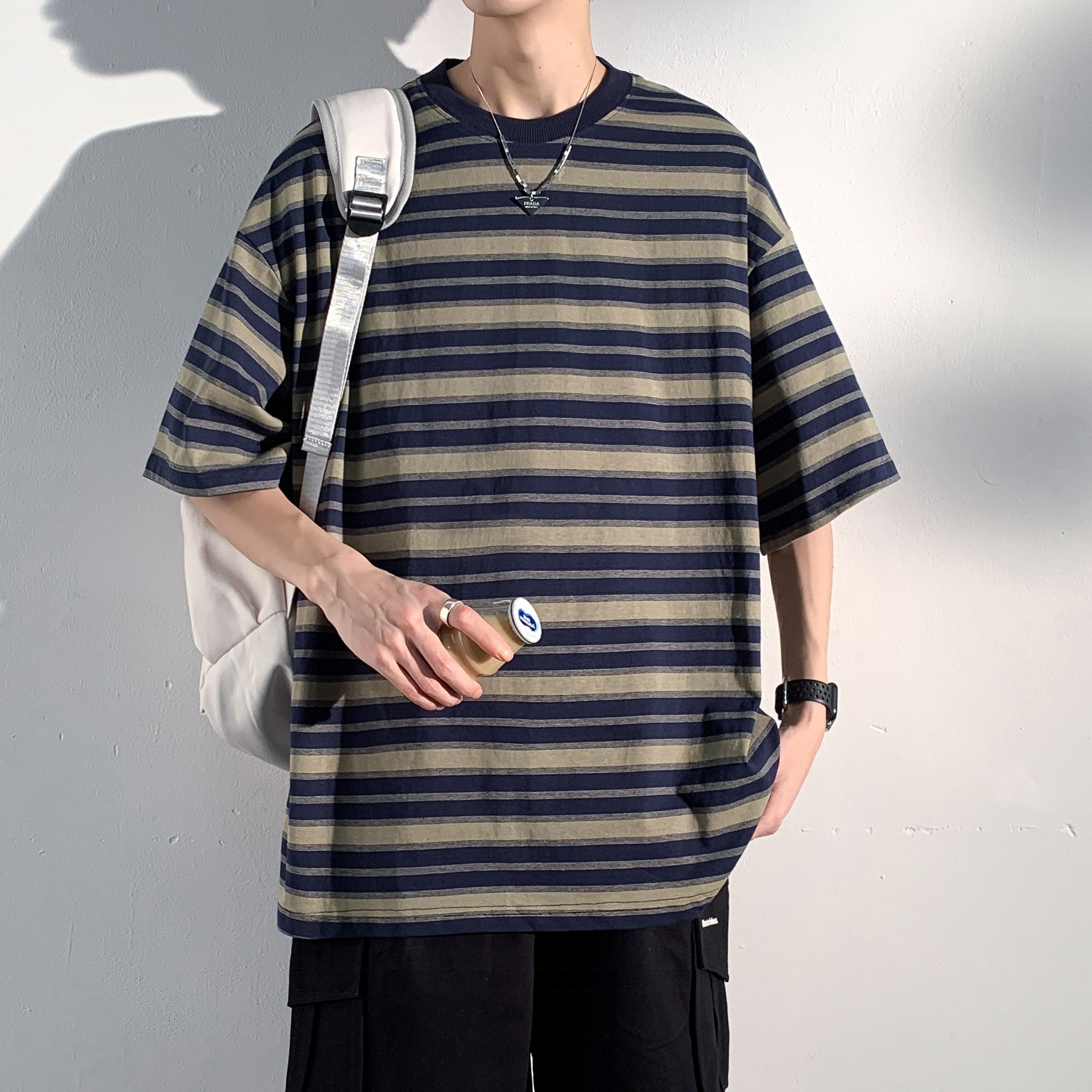 2023夏季潮流休闲圆领复古大码条纹短袖T恤T3393-P38-z,男装T恤,电商A007