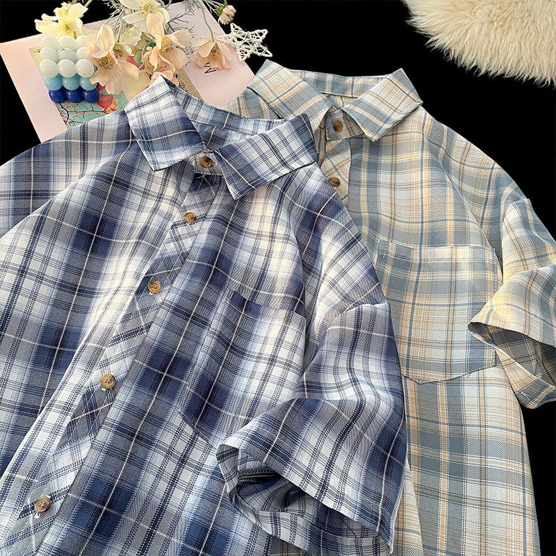 港风复古休闲大格子翻领宽松短袖衬衫外套衬衣C2226-特批P29，男装衬衫，电商A007