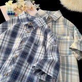 港风复古休闲大格子翻领宽松短袖衬衫外套衬衣C2226-特批P29，男装衬衫，电商A007