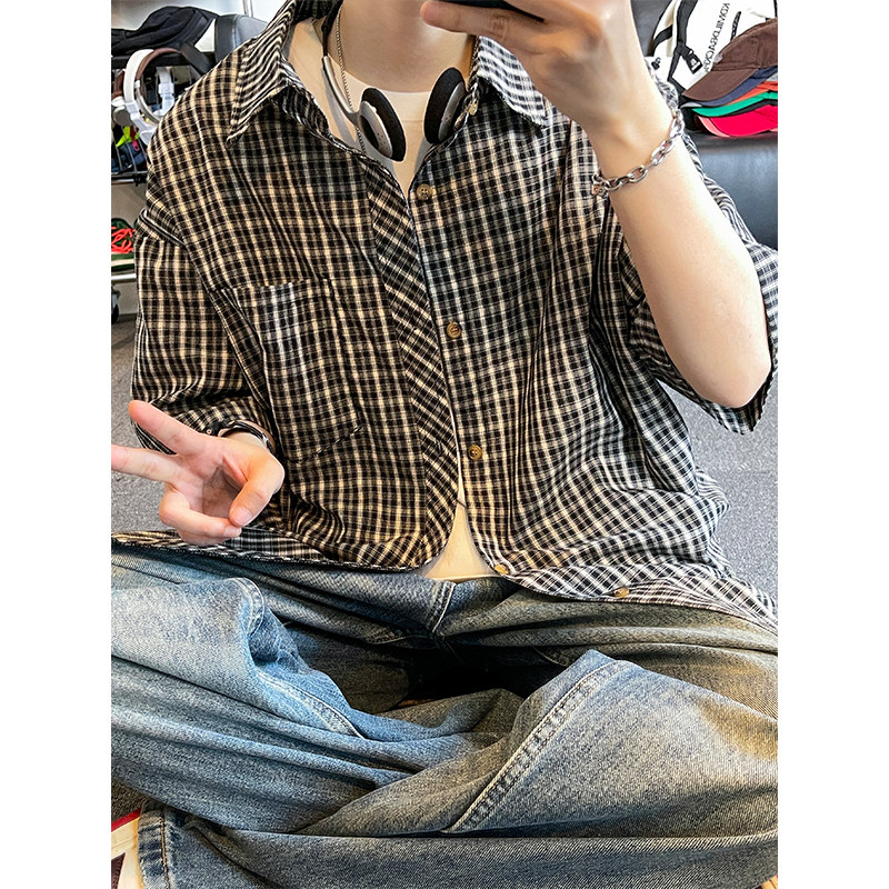 复古格子短袖衬衫男宽松高级感学院风情侣衬衣DC2228-特价P29图片