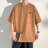胖胖哥麂皮短袖夏季T恤美式重磅大码宽松体恤半袖圆领纯色打底潮，男装T恤，电商A007