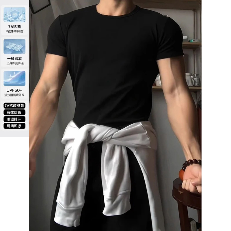 黑色速干四分短裤男夏季薄款美式健身运动五分裤潮牌休闲4分裤子，男装防晒衣，电商A007