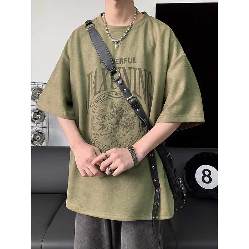 港风夏季纯色大码休闲美式麂皮绒烫花短袖T恤T3504-P23【特价】,男装T恤,电商A007