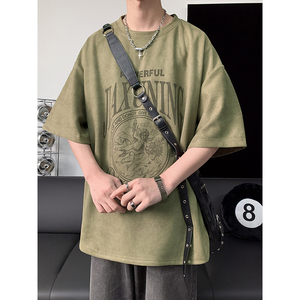 港风夏季纯色大码休闲美式麂皮绒烫花短袖T恤T3504-P23【特价】图片