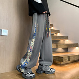 新中式国风小熊阔腿裤男春季oversize美式潮牌情侣腰果花直筒裤子，男装休闲裤，电商A007