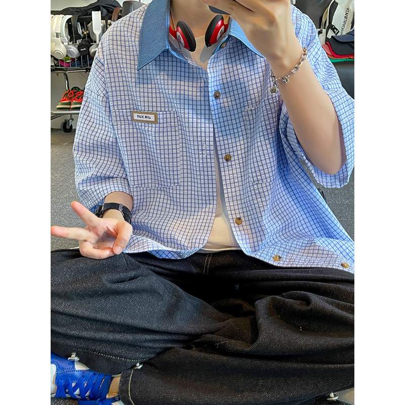 夏季港风Cityboy贴标牛仔领撞色格子短袖衬衫DC2217-P38【特价】,男装衬衫,电商A007