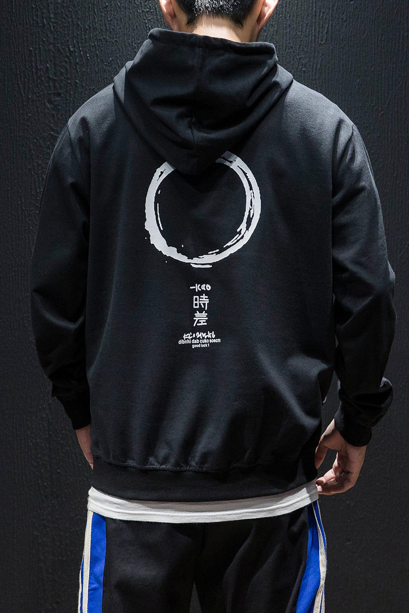 W610秋季新日系文艺大码男时差简约印花宽松连帽卫衣P50【控68】,男装卫衣,电商A001
