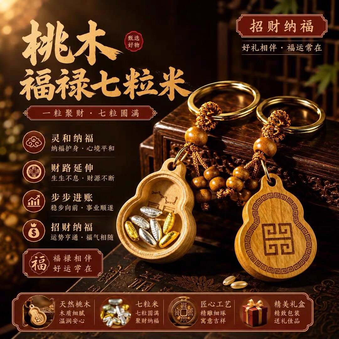 【先生推荐】普陀新款桃木福禄金钥匙扣