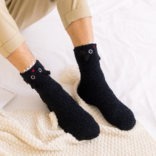 秋冬加厚珊瑚绒袜子男中筒可爱家居地板袜半边绒大码卡通睡眠袜女