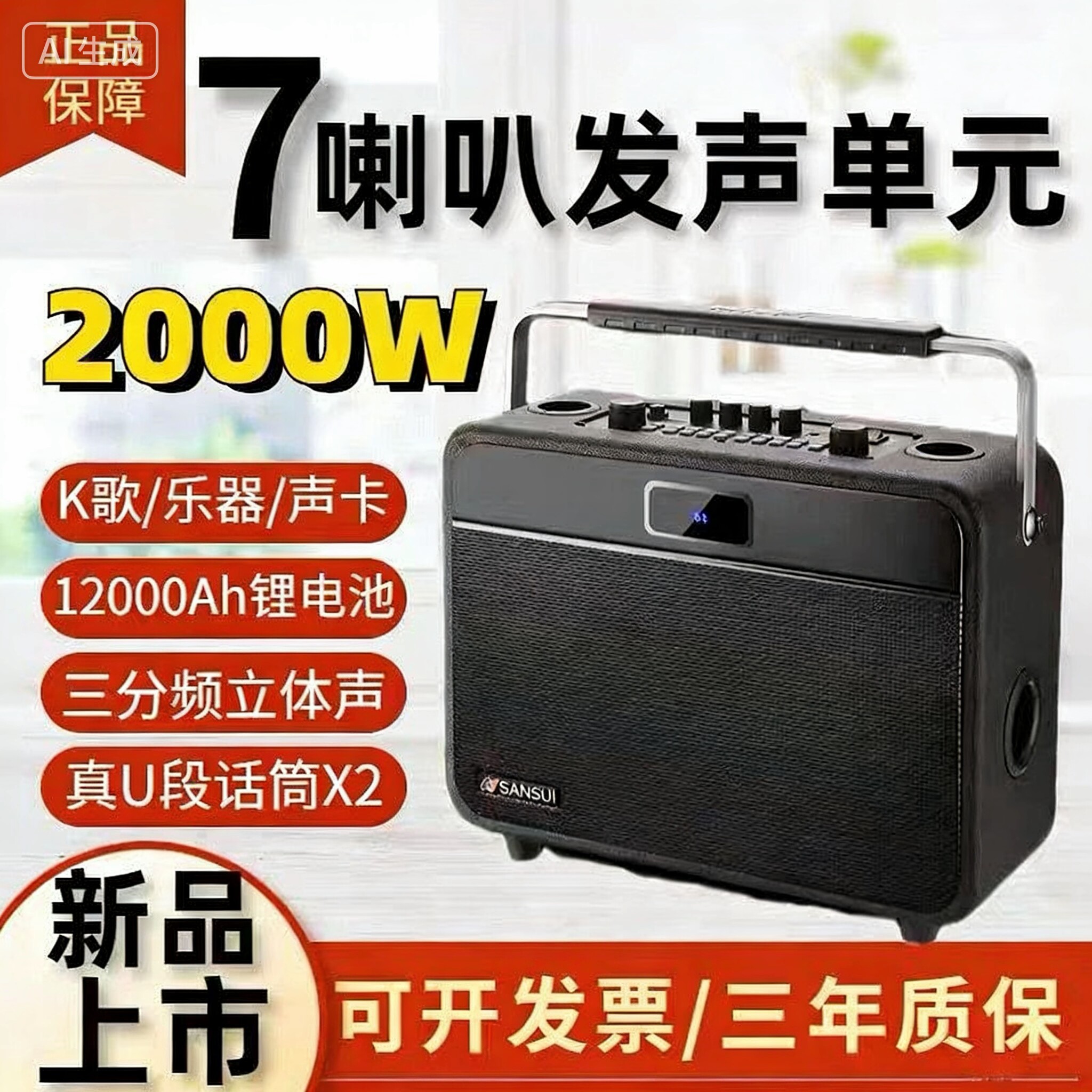 山水AS69重低音广场舞K歌蓝牙音响双麦克风音箱声卡U盘播放大功