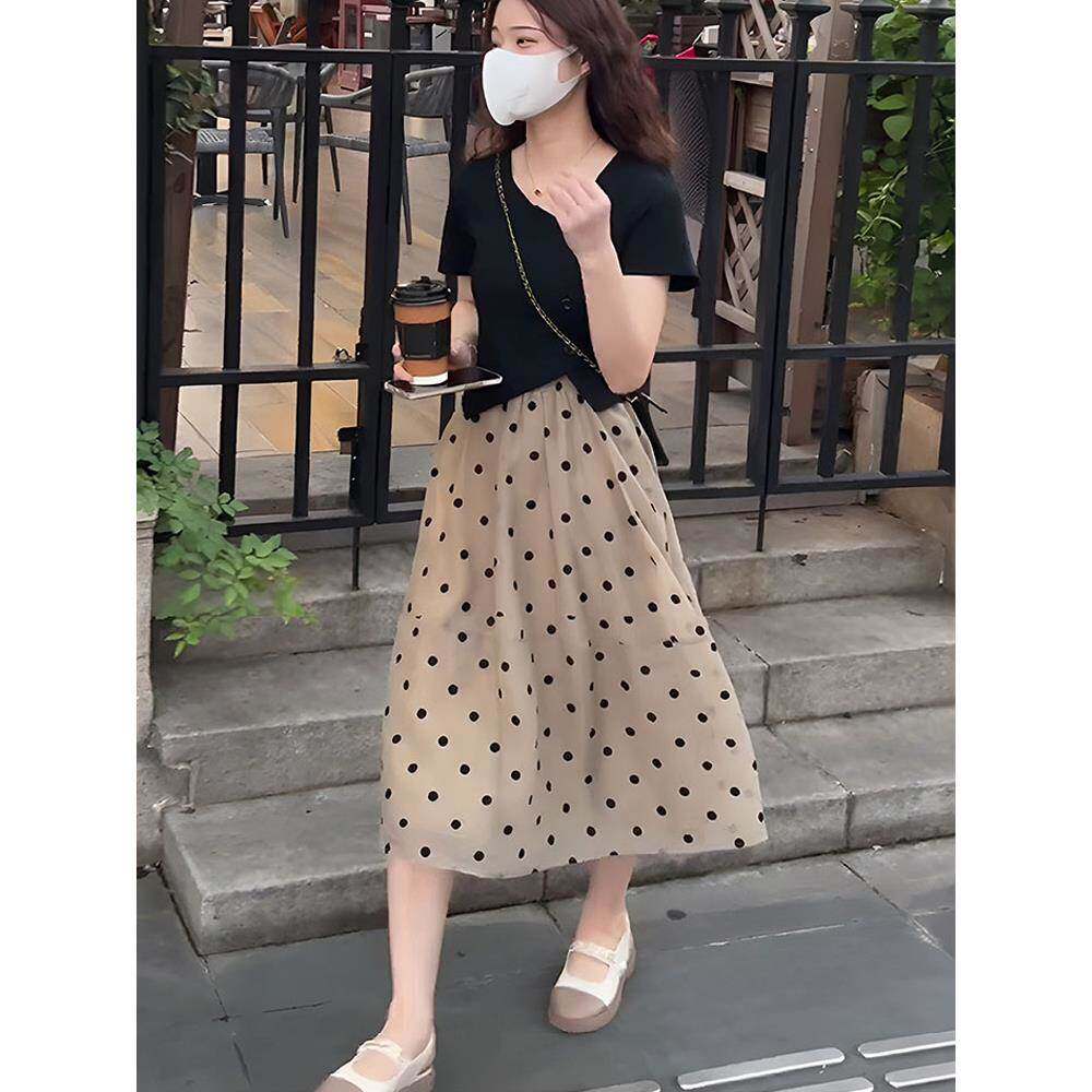 卡其色波点半身裙女夏季新款复古高腰a字欧根纱伞裙中长款网纱裙