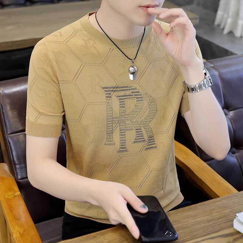 针织短袖t恤男款欧洲站大牌高端夏季新款烫钻冰丝修身字母体恤衫