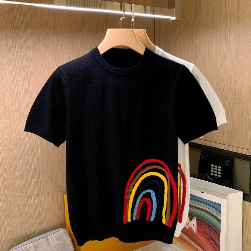 2024潮牌夏季新款欧美简约针织衫T恤男圆领冰丝透气休闲短袖体恤