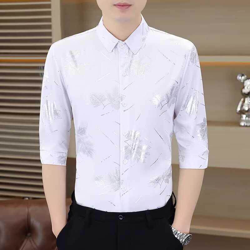 商务休闲短袖衬衫男士夏季新款时尚印花寸衫高级感五分袖衬衣男装