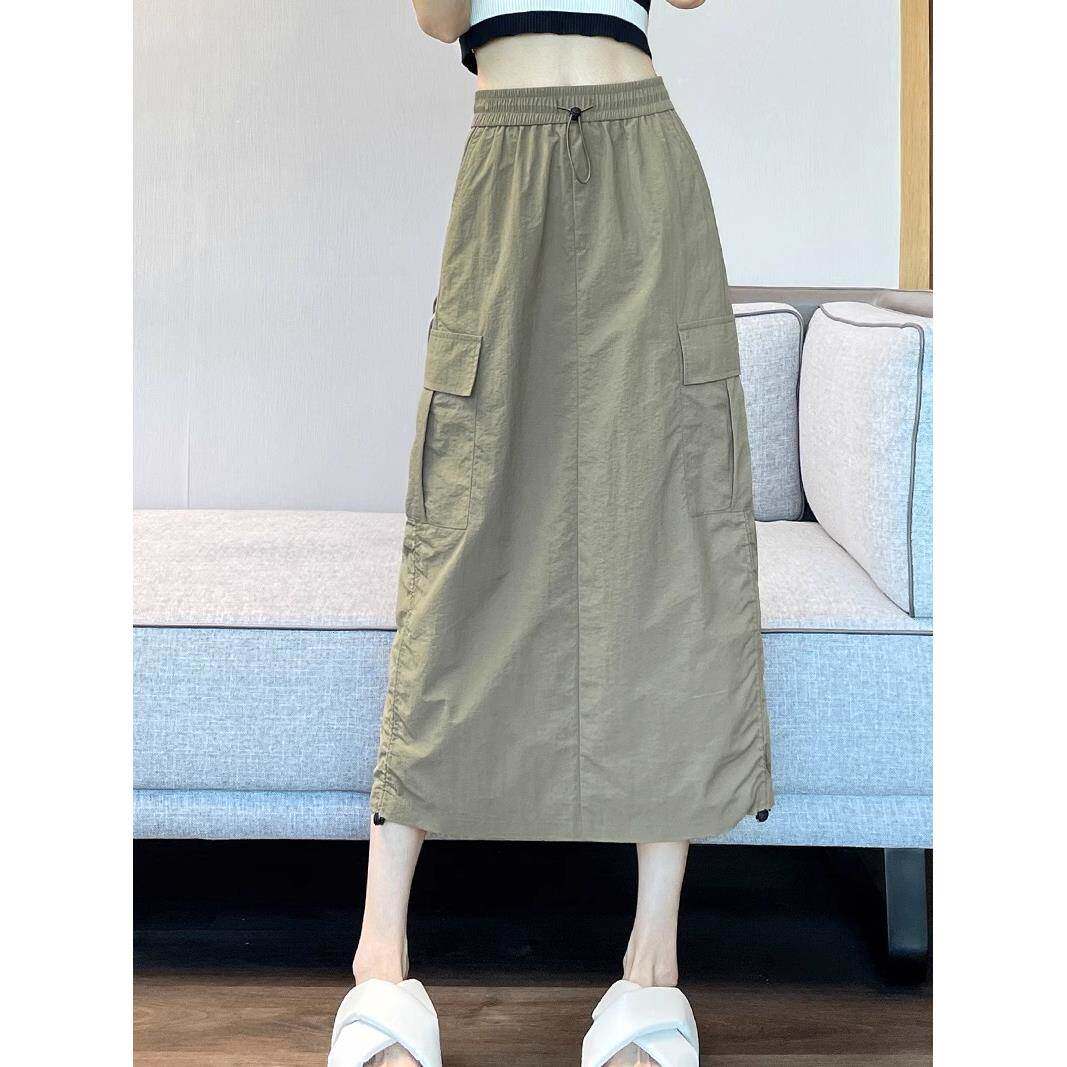 军绿色抽绳工装半身裙女夏季薄款2024新款美式高腰显瘦a字中长裙