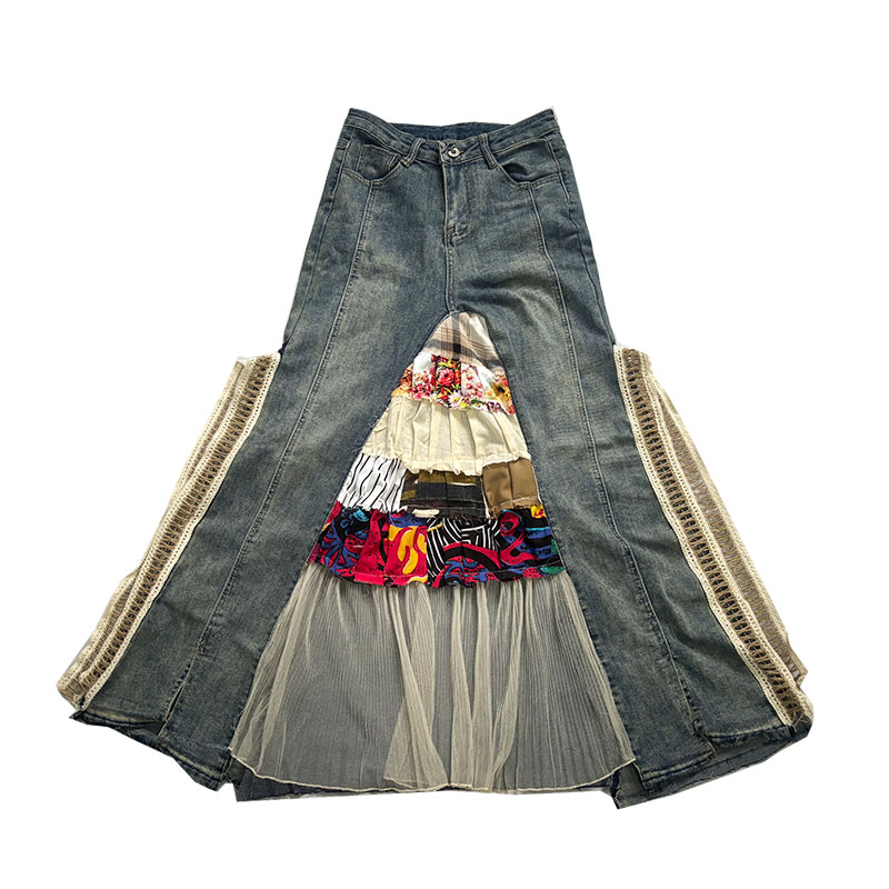原创设计小众拼布牛仔裙复古撞色半身裙裙子乡村复古风2025夏季新