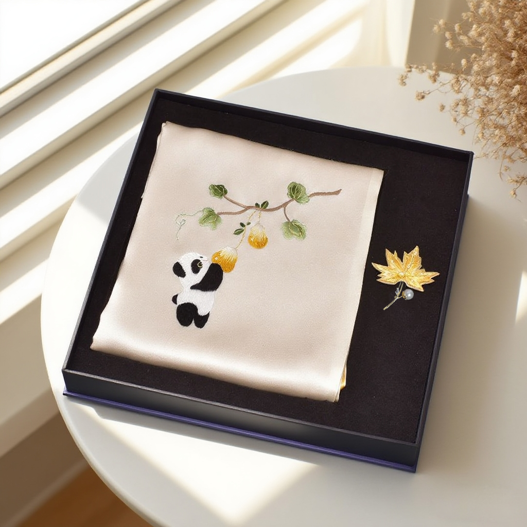 蜀绣真丝围巾手工刺绣胸针套装