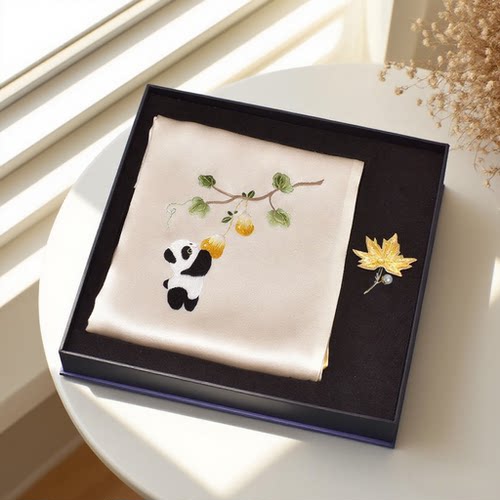 蜀绣真丝围巾手工刺绣胸针套装