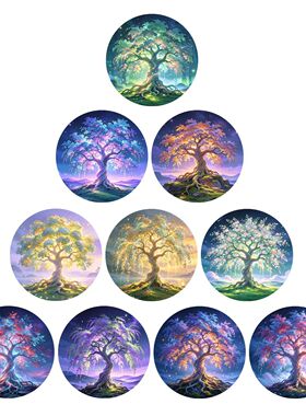 梦幻生命之树圆形玻璃冰箱贴夜光幻彩大树星空插画圆形磁吸贴纪念