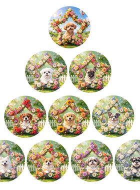 鲜花花环小狗玻璃冰箱贴多品种萌犬圆形磁吸贴家居装饰文创小礼品