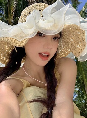 蕾丝草编太阳帽子女大帽檐夏季透气草帽海边遮全脸遮阳沙滩帽子潮