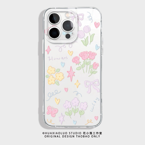烂漫花园~透明涂鸦花朵iPhone15promax苹果14小米13华为pura70+新款p60适用oppo荣耀vivoX90一加12女生手机壳
