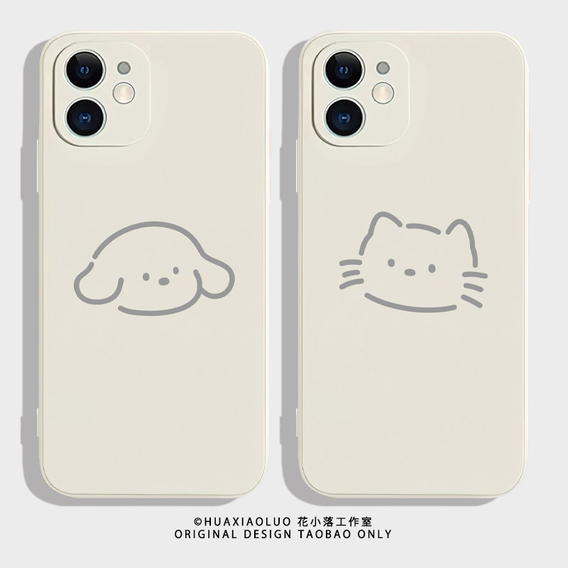 简笔画~线条猫狗iPhone15promax苹果13小米14华为mate60新款pura70适用oppo可爱vivo荣耀100一加12情侣手机壳