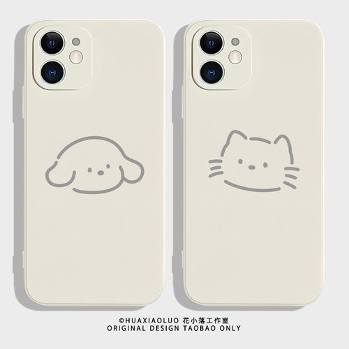 简笔画~线条猫狗iPhone15promax苹果13小米14华为mate60新款pura70适用oppo可爱vivo荣耀100一加12情侣手机壳