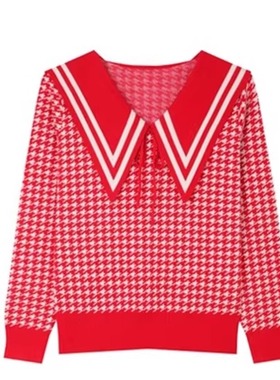 专柜价789【语】甜美减龄千鸟格撞色格纹翻领针织衫30681/乐-263