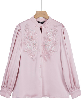 专柜价729【语】春夏网纱花边钉珠减龄中国风V领衬衫22808/平-572