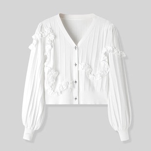 太系列女装春季新款氛围感木耳边V领针织线开衫MZ3215/8-62