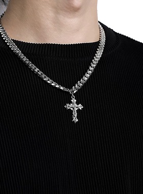 钛钢项链欧美古巴链十字架吊坠
