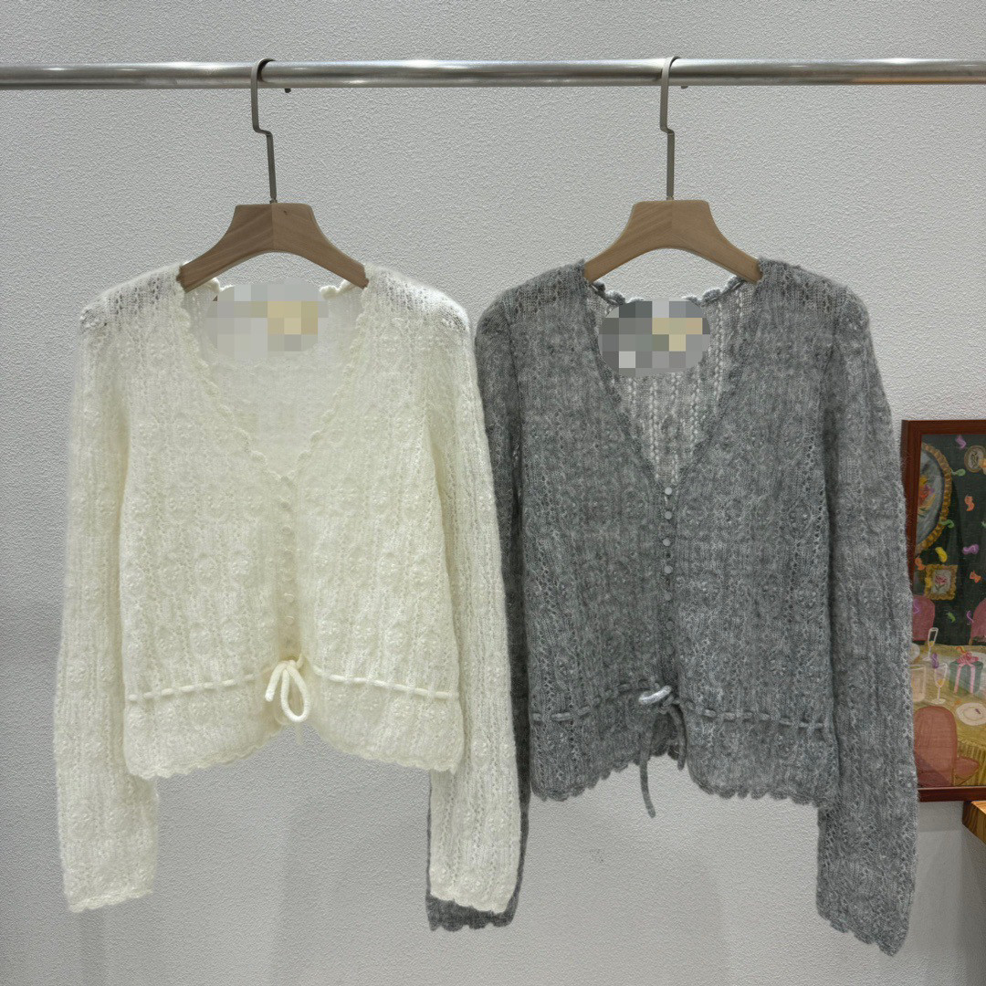 法式浪漫手工勾花贝壳花瓣V领开衫马海毛混纺收腰系绳百搭针织衫