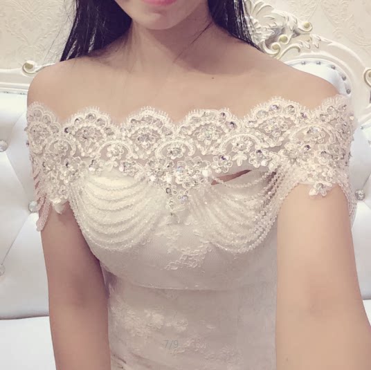 凯蒂~新款蕾丝一字领流苏水晶珠子肩链披肩婚纱肩饰纯手工缝制