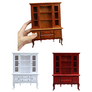 12分娃娃屋家具模型餐厅场景搭配迷你木质餐边柜书架微缩玩具摆件