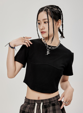 CYRM潮牌黑色爵士短款上衣跳舞修身T恤复古美式街头嘻哈夏季短袖