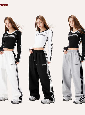 CYRM街舞潮牌美式复古三条杠运动裤女爵士舞嘻哈宽松阔腿休闲卫裤
