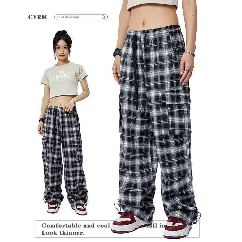 CYRM潮牌美式夏季格子香蕉长裤复古街头跳舞运动裤宽松阔腿休闲裤