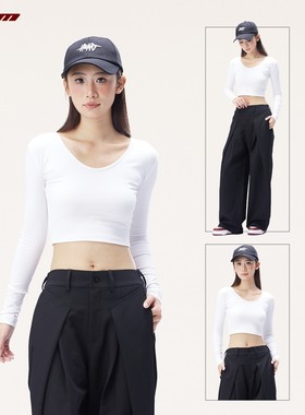 美式辣妹风性感短款露脐上衣女修身爵士跳舞百搭显瘦白色长袖T恤
