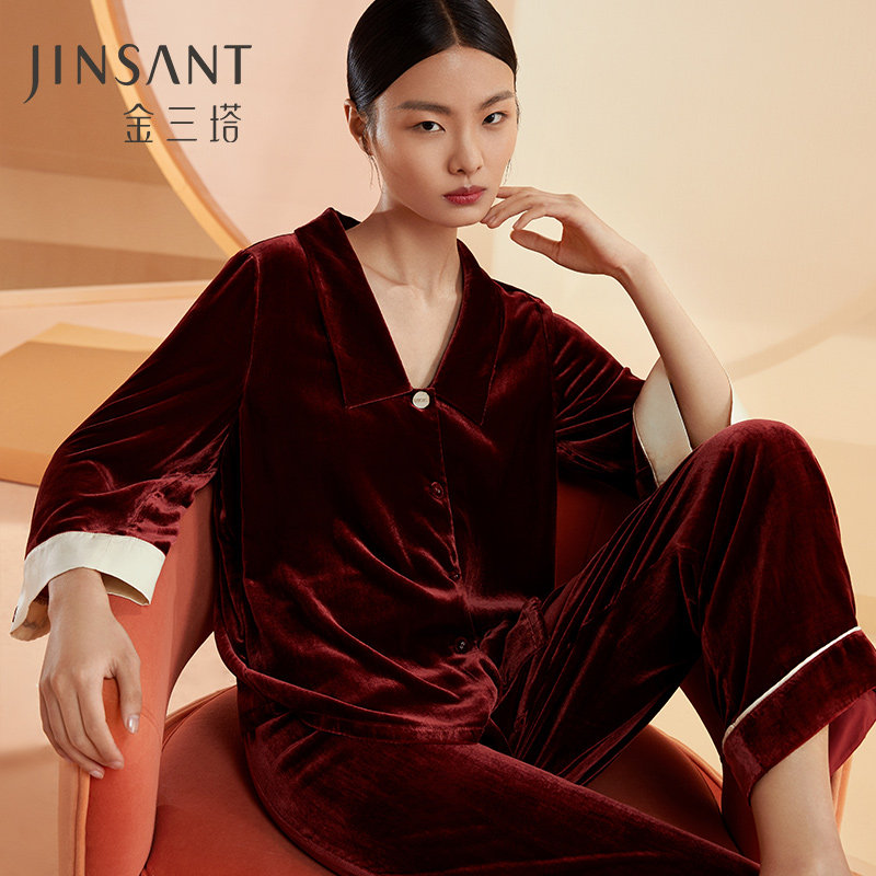 为秋冬而生 金三塔桑蚕丝红丝绒睡衣套装女士慵懒感家居服可外穿