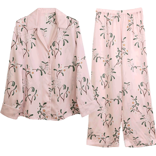 琼花玉叶】真丝睡衣女100%桑蚕丝家居服长袖长裤印花衣裤套金三塔
