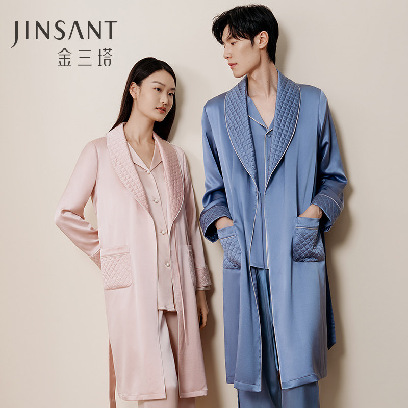 金三塔22姆米重磅真丝情侣睡袍100%桑蚕丝青果领男女睡衣家居服