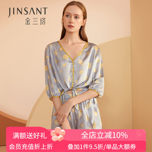 不易皱真丝 真丝家居服女金三塔 100%桑蚕丝睡衣印花V领中袖 短裤
