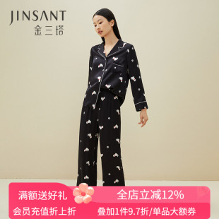 金三塔印花真丝睡衣女100%桑蚕丝宽松可外穿家居服