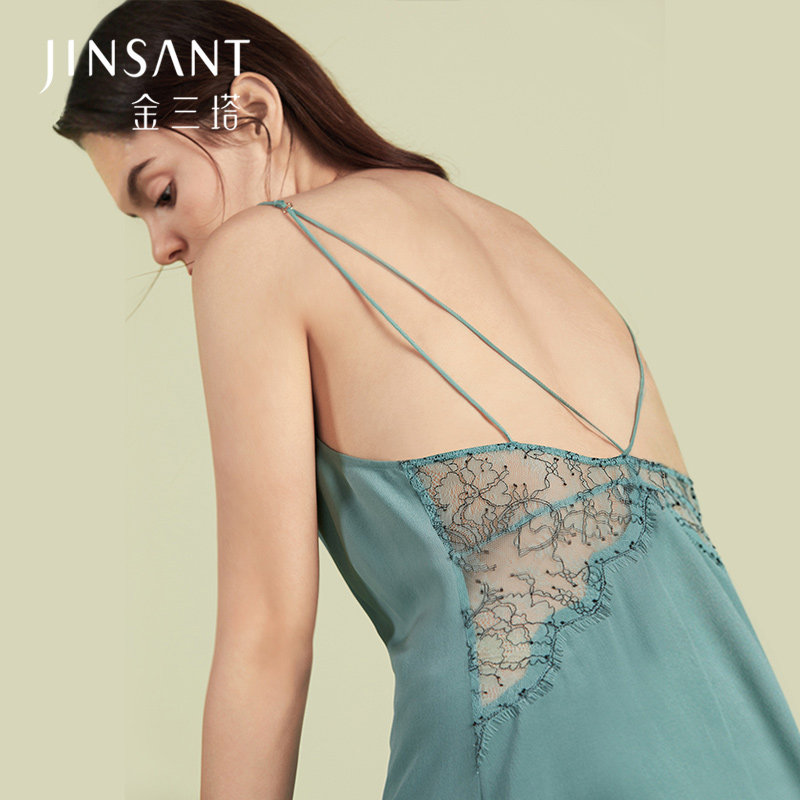 金三塔100%桑蚕丝[穿出蝴蝶背]不易皱的真丝双绉性感美背吊带睡裙